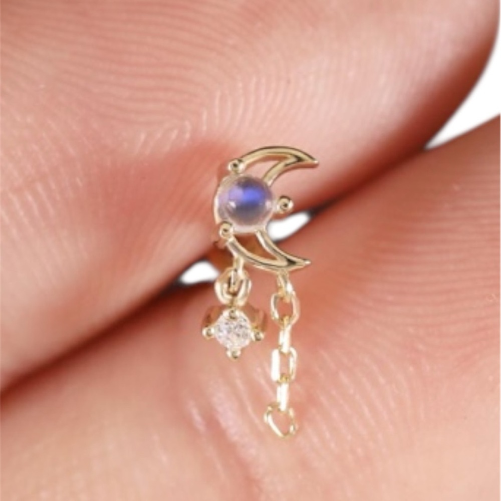 18G 14K Yellow Solid Gold Moonstone Dangle Stud - Picture 2 of 2